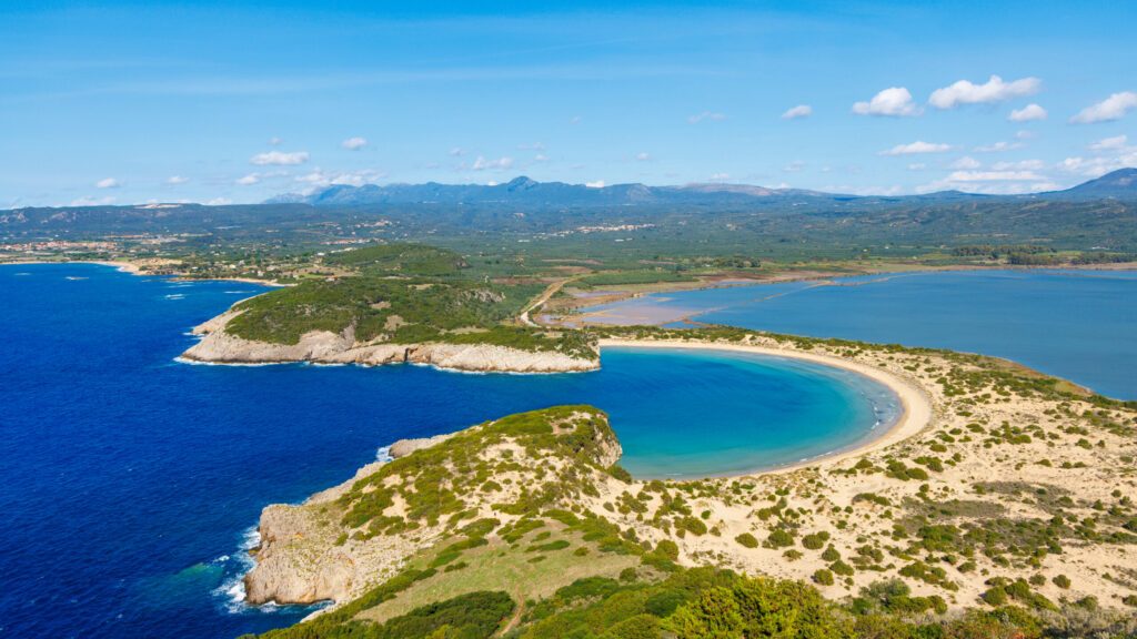Beautiful aerial beach view in Greece- Travel, tourism, vacation- Voidokilia beach, Pylos, Peloponnese